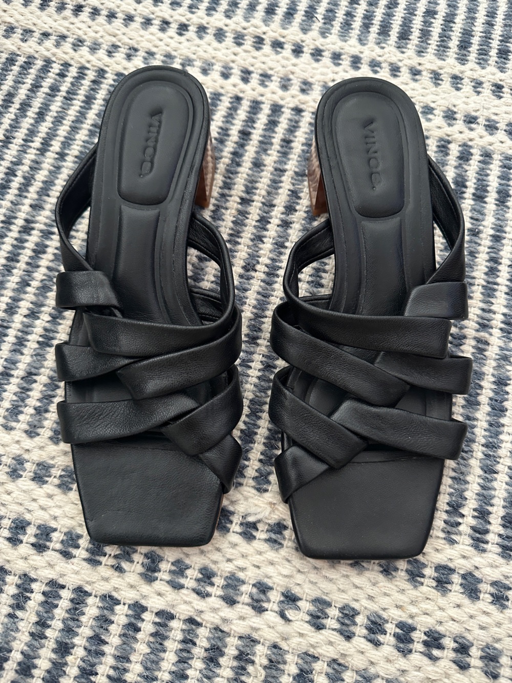 Vince Tessa Woven Leather Block Heel Slide Sandals - Black - 7.5